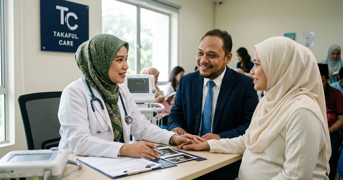 Doktor wanita berbual dengan ibu hamil tentang kos rawatan komplikasi kehamilan Malaysia yang dicover takaful