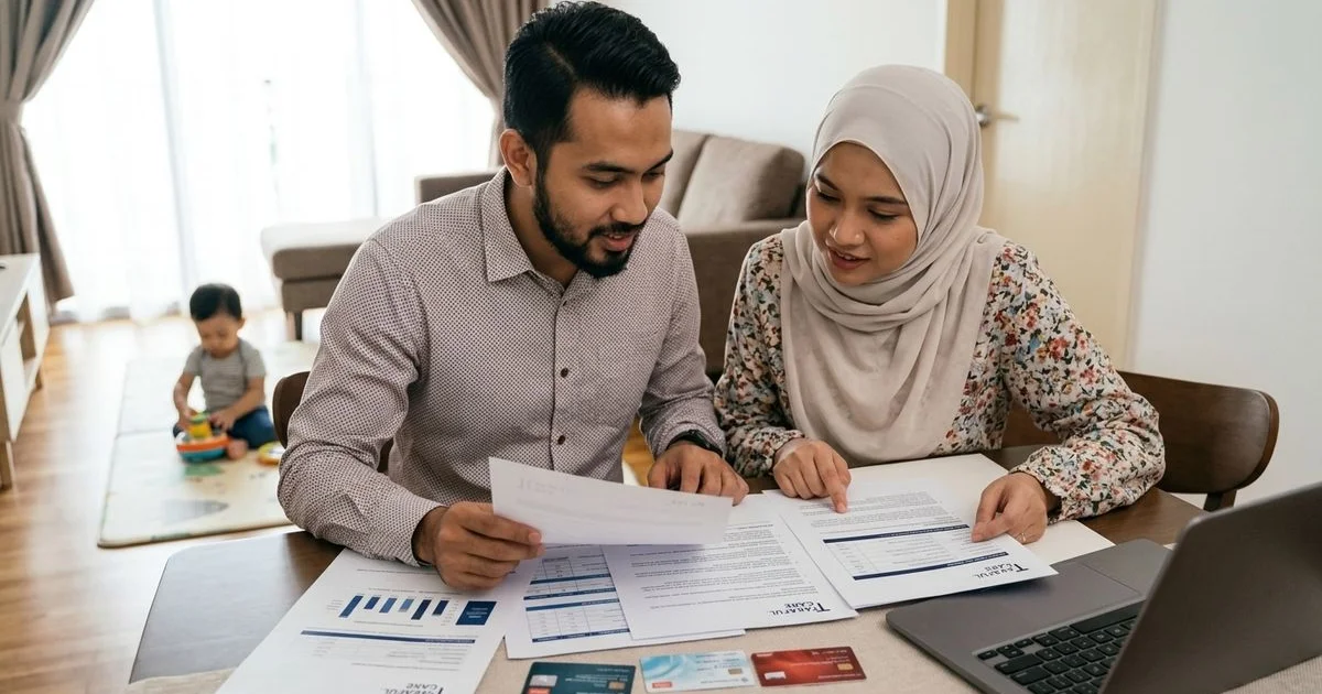 Ibu bapa muda melihat dokumen syarat kelayakan medical card di meja rumah