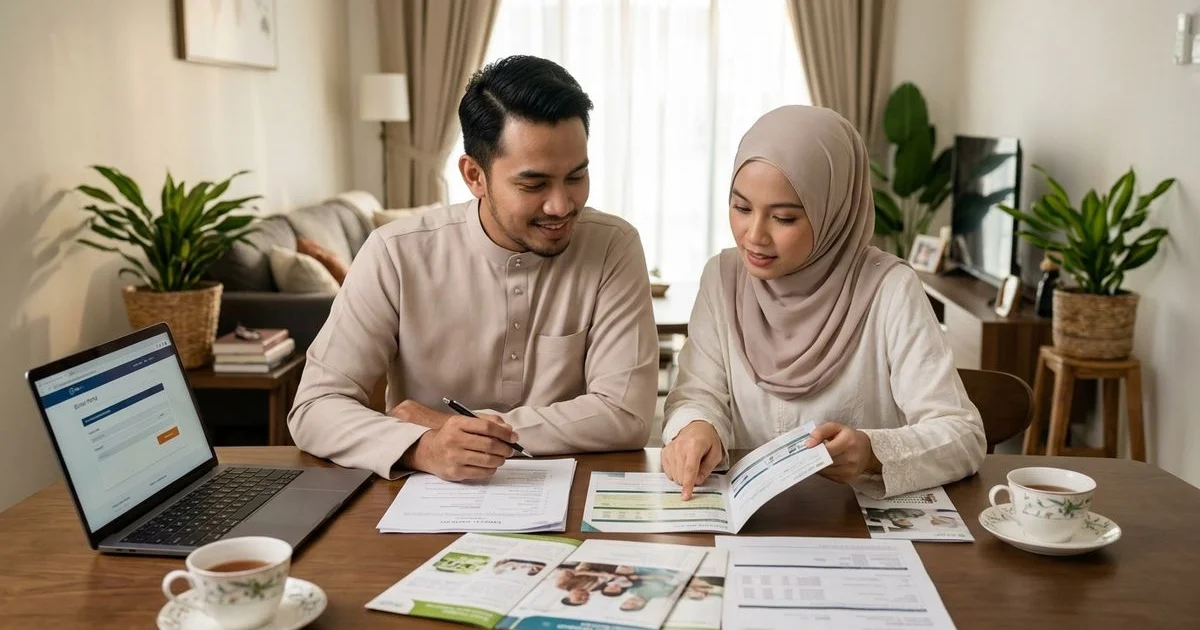 Sebuah keluarga berbincang dokumen hibah takaful di meja rumah