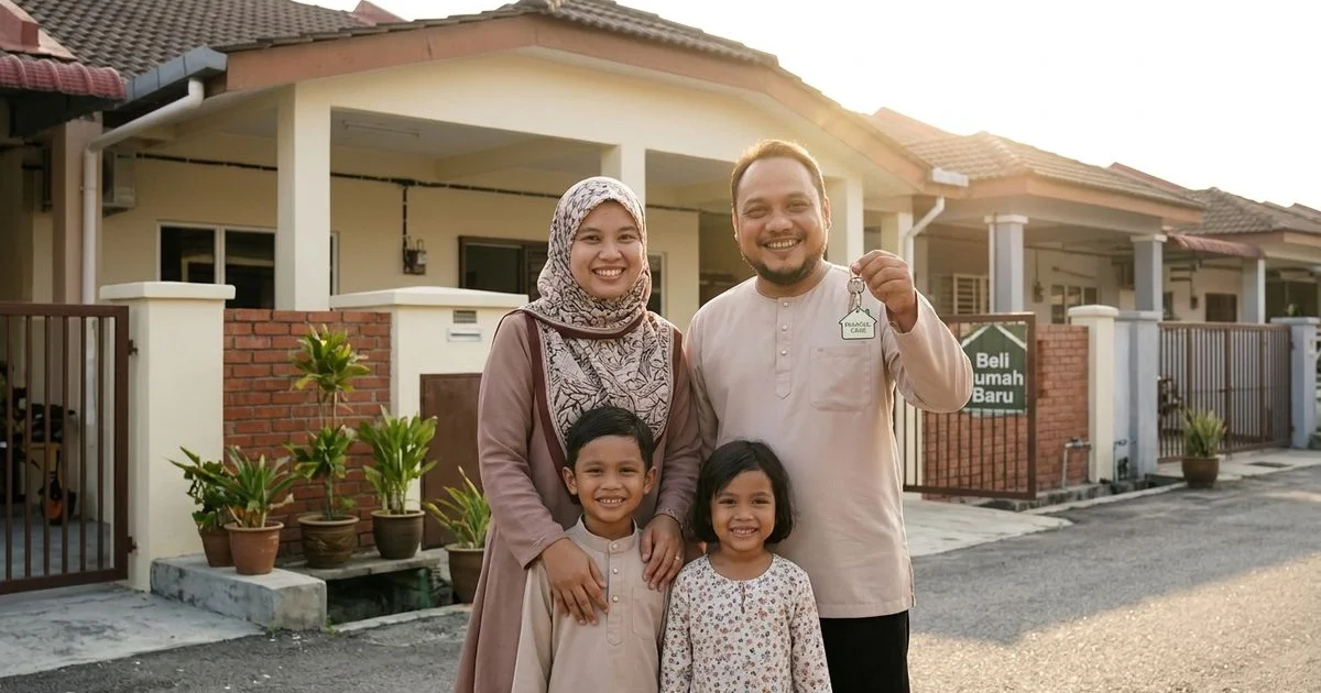 Sebuah keluarga muda dengan dua anak di hadapan rumah