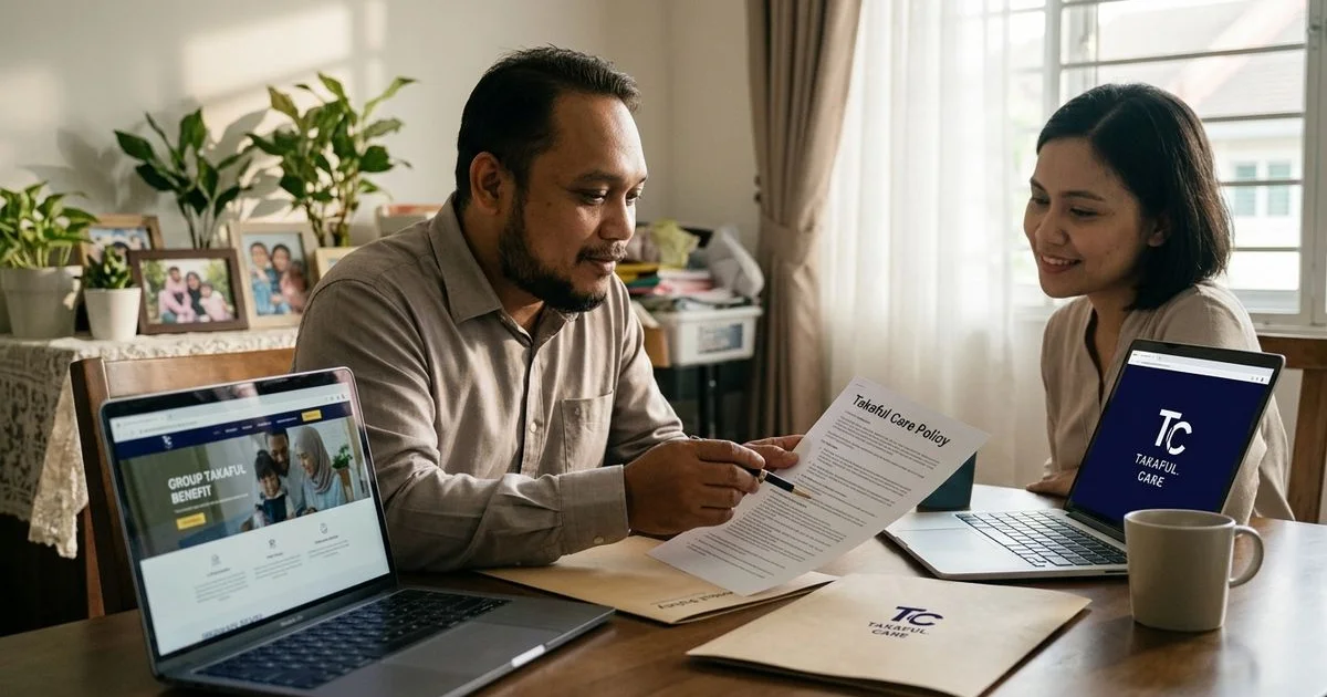 Pasangan profesional muda berbincang group medical takaful vs takaful individu