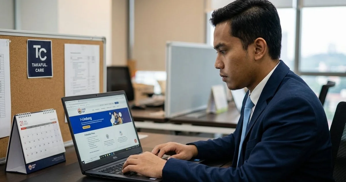 Seorang pekerja muda mengakses portal i-Akaun KWSP untuk i-Lindung KWSP