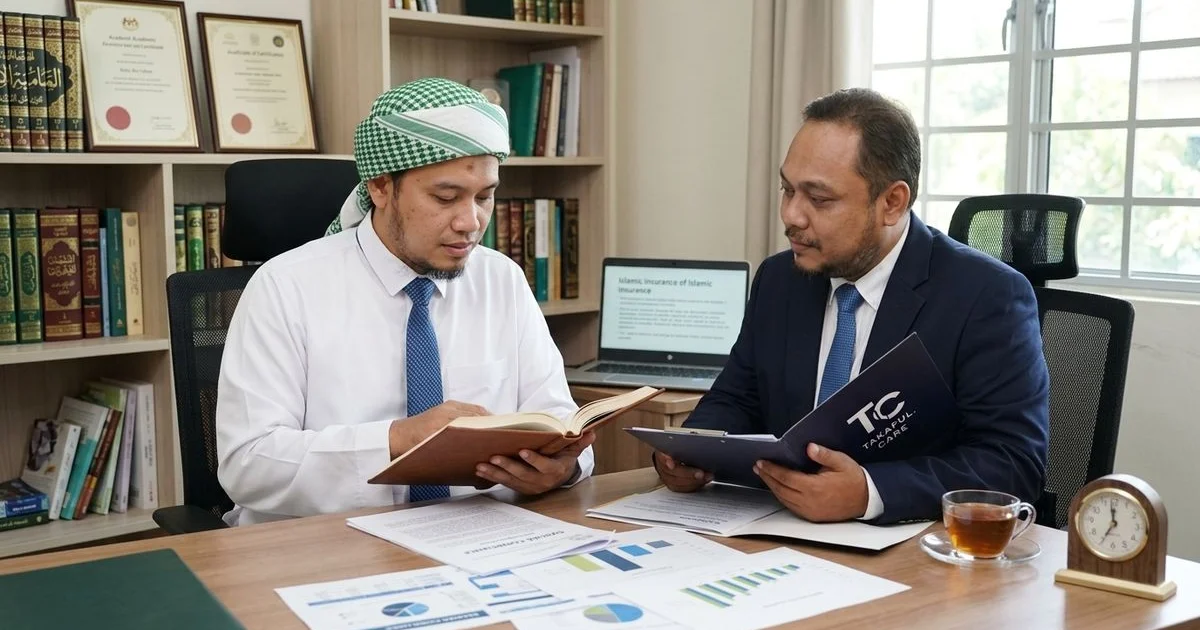 Ejen takaful berbincang dokumen hibah dalam suasana profesional