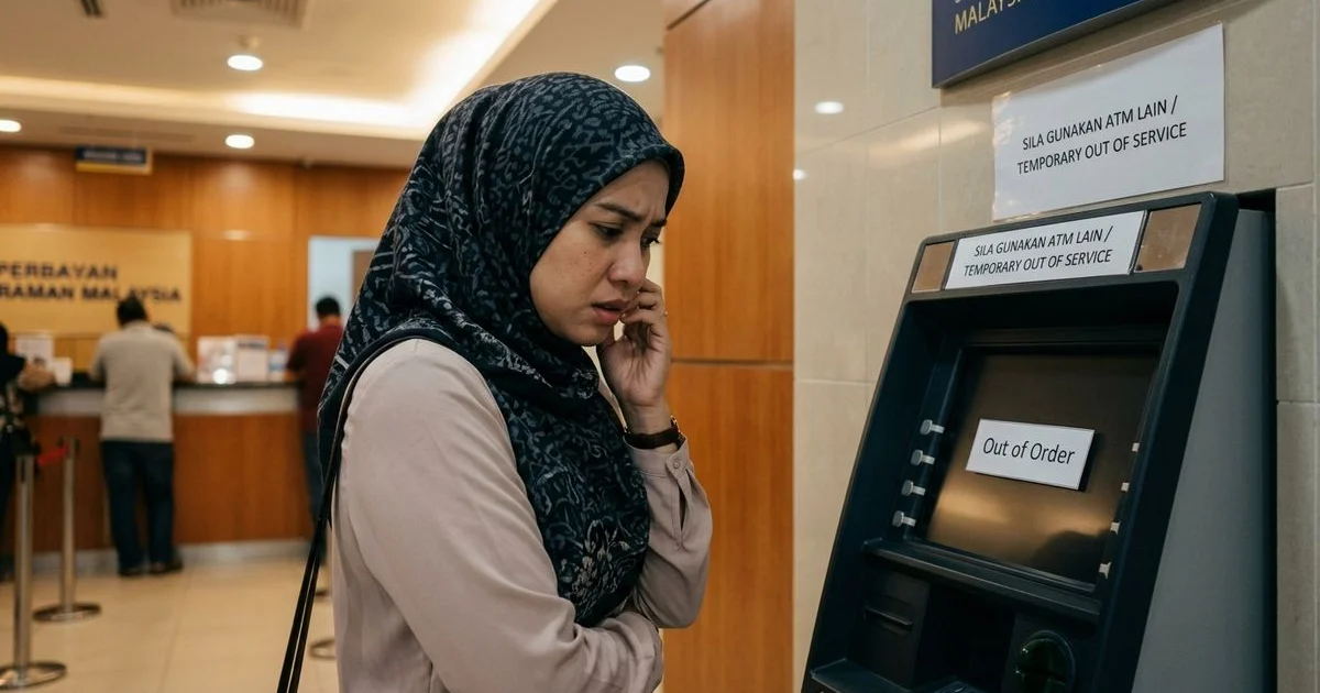 Seorang wanita di hadapan ATM yang ditutup — simbol akaun bank beku selepas kematian