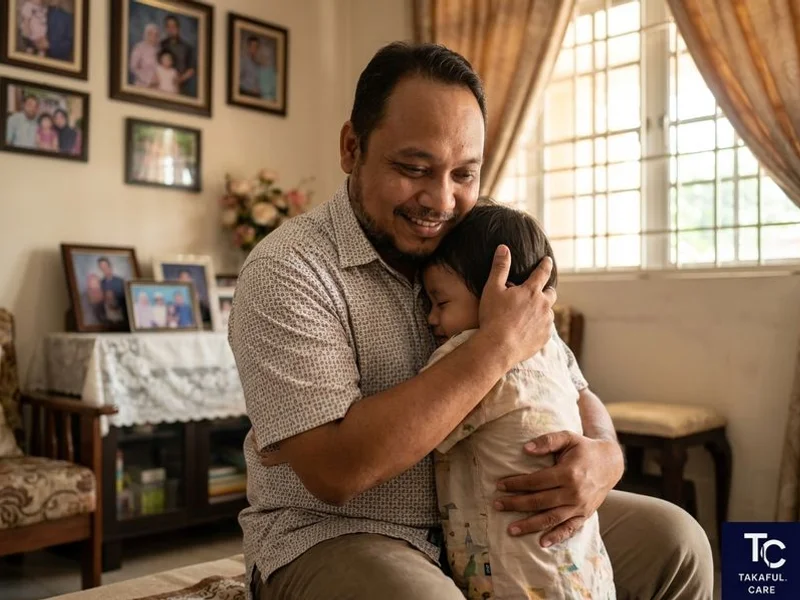 Seorang bapa memeluk anak kecil — simbol perlindungan hibah takaful jangka panjang