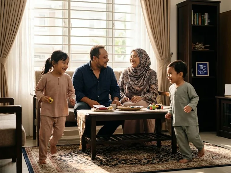 Keluarga muda yang bahagia di ruang tamu rumah, dilindungi takaful family care